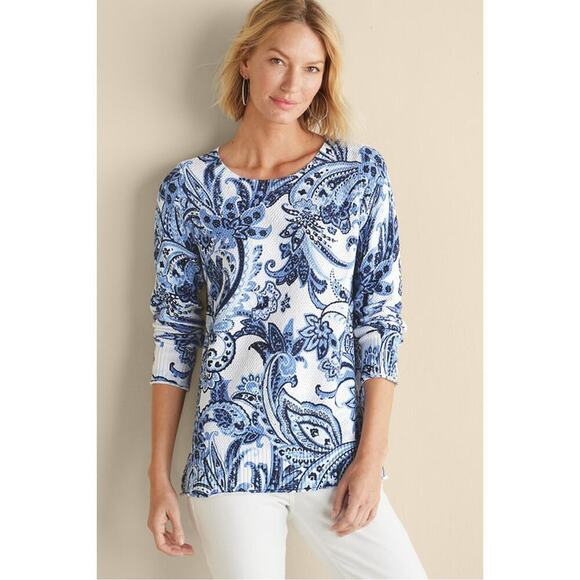 Soft Surroundings Marin blue white floral sweater sz medium new $99 - Picture 3 of 9